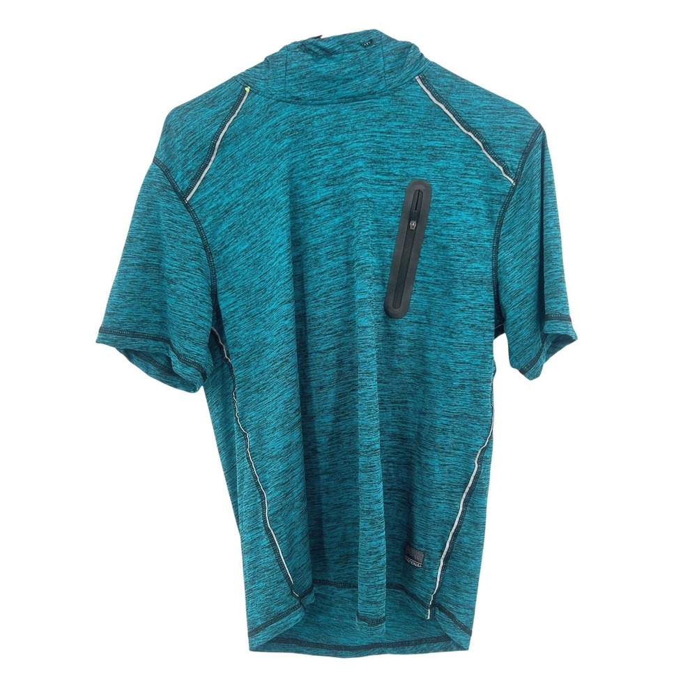 Short Sleeve Athletic Hoodie M Teal Performance‎ Pullover Chest Zip Pocket